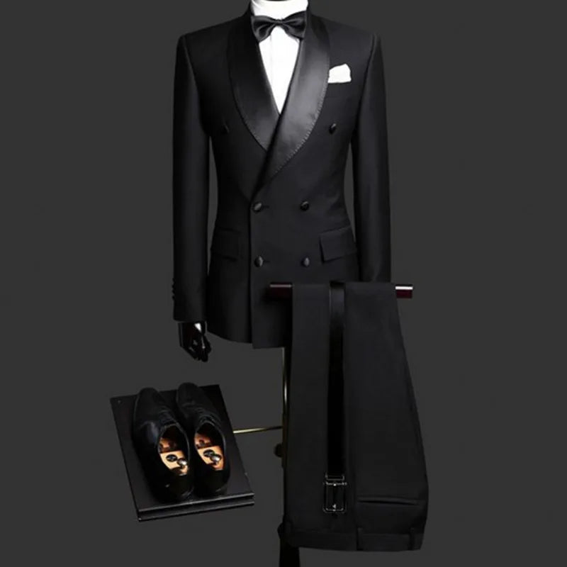Men Suits with Double Breasted Black Formal Wedding Groom Tuxedos Male Set Jacket with Pants