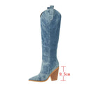 Denim Western Women Knee High Boots Wedges High Heel Cowboy Boots Slip On Autumn Winter Woman Shoes