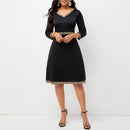 Simple Sleeve Autumn Women Dress Sexy V-neck Solid Elegant Ladies Leopard Midi