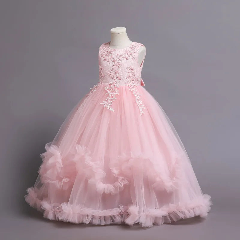 Girls dress princess flower lace long dress birthday communion Party Wedding Dress Embroidery Dress