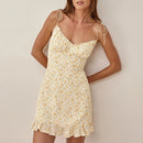 Beach Dresses For Women Elegant Ruffle Hem Vintage Floral Chiffon Mini Dress V Neck Sleeveless Spaghetti Strap Summer Dress