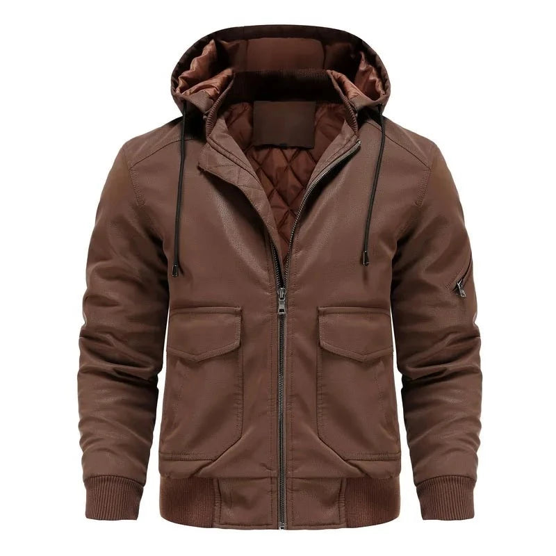 Hooded Mens Leather Jacket Retro Motorcycle Coat Windproof Warm Biker Outwear Male Casual Winter