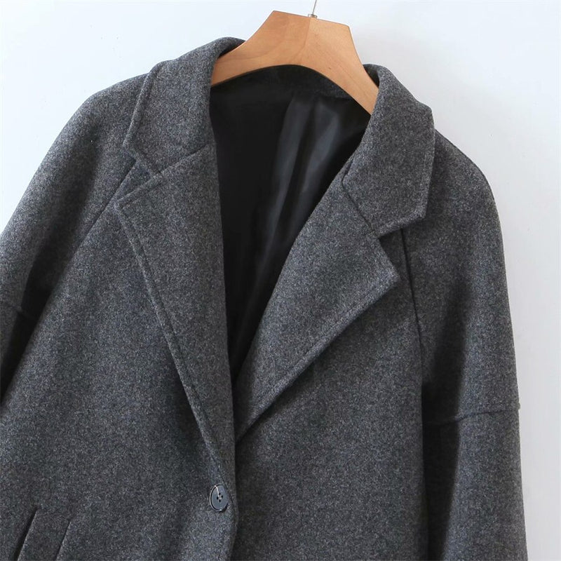 Vintage Women Dark Woolen Coat Autumn Ladies Single Breasted Loose Casual Coat Girls Chic Outwear