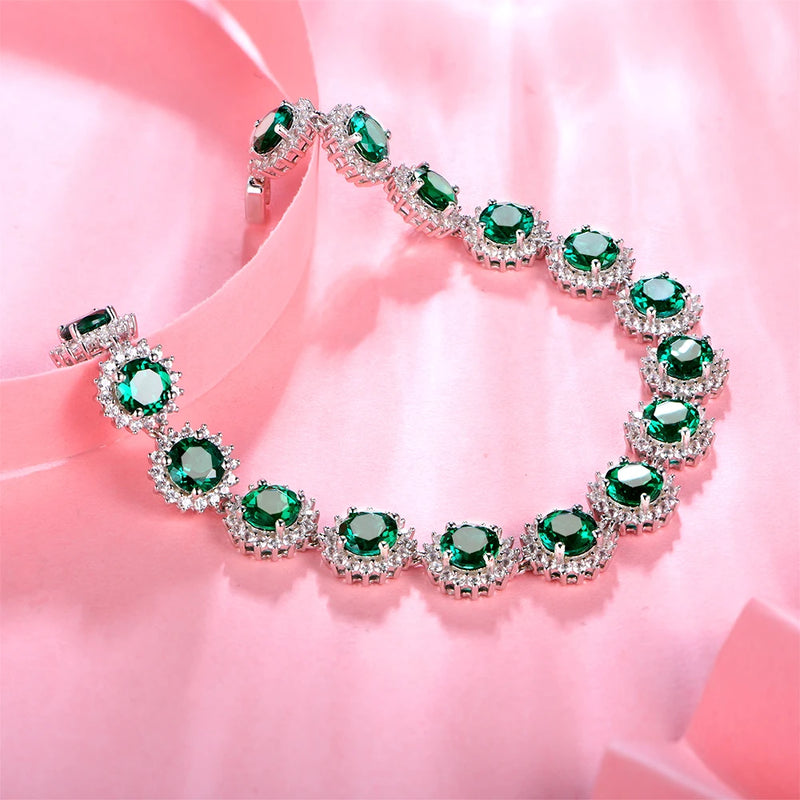 Sterling Silver Emerald Gemstone Diamonds Strand Bracelet for Women Romantic Tennis Chain Charm Bracelets