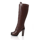 Brown knee-high boot with platform sole on a white background, Obroi
