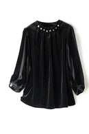 Neckline Beaded Style Lantern Sleeves Gold Velvet Slimming Bottoming Women T-shirts