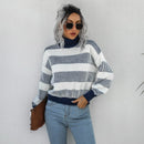 Vintage Pullover Women Striped Sweater Autumn and Winter Turtleneck Sweater Knitted Jumper Lantern Long Sleeve Casual Top