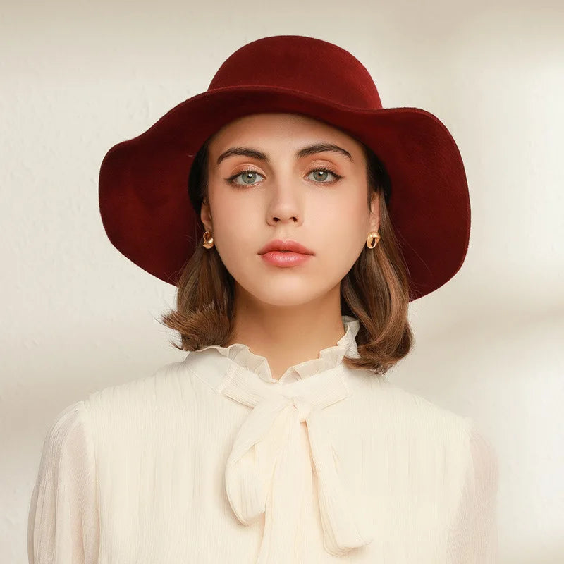 Autumn Winter Women Wool Fedoras Female Casual Pearl Chain Red Fedora Hat