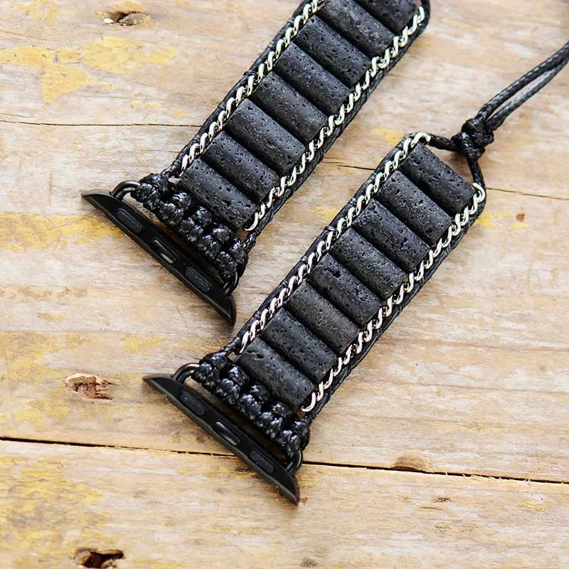 Men Natural Lava Stone Watch Strap 38mm/45mm Healing Beaded Band Bracelet For Iwatch Series 1-7 Accessories