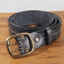 Men 3.8cm Wide Double Breasted Belt Double Prong Buckle Handmade Heavy Duty Belt Jeans Belt