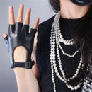 Real Leather Half Fingers Gloves Black Silver Square Buckle Ultra-Thin Pure Fingerless Mittens