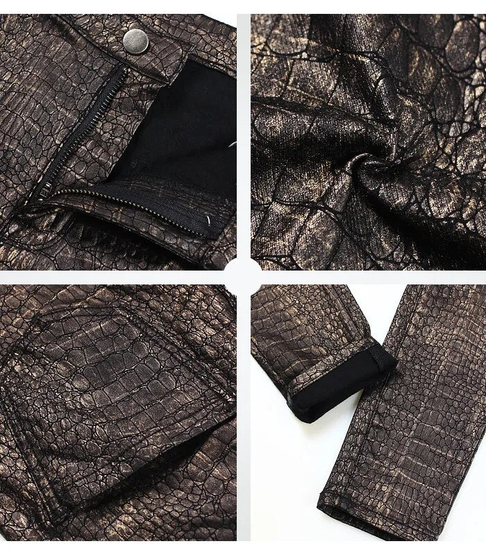 Spring Autumn High Waist  Jeans Women Black Golden Crocodile Pattern Stretchy Skinny Pants Trousers For Women