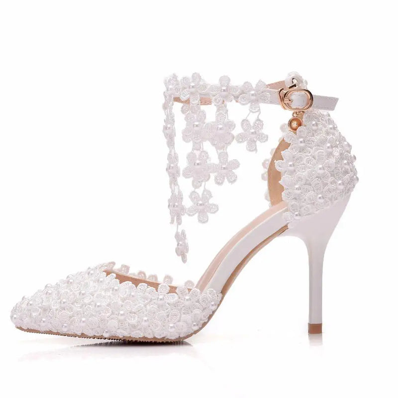 Crystal Queen Rhinestone Pointed Toe Women High Heels Flower Lace Ankle Strap Sandals Pearl Decoration Party Wedding Shoes