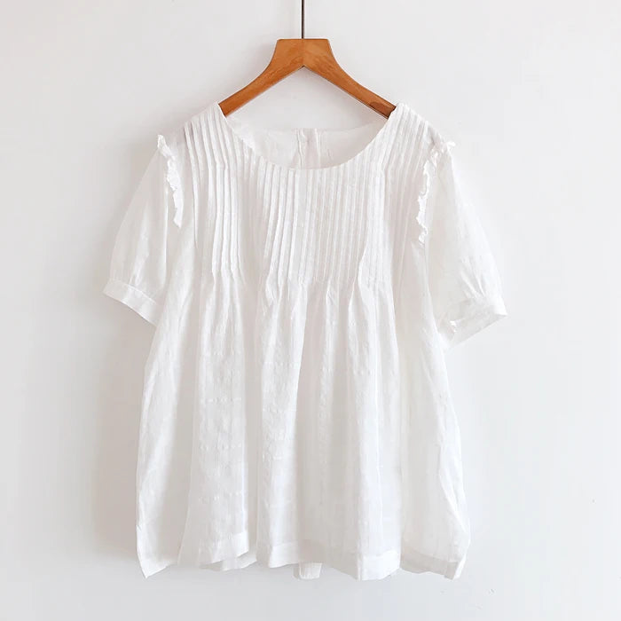 Summer Women Blouse Back Buttons Loose O-Neck Short Sleeve Shirt Women Tops