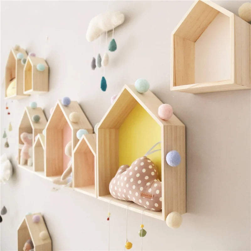 Nordic Wall Shelf Display Hanging Shelving Kid's Room House Shape Shelf Wooden Decor