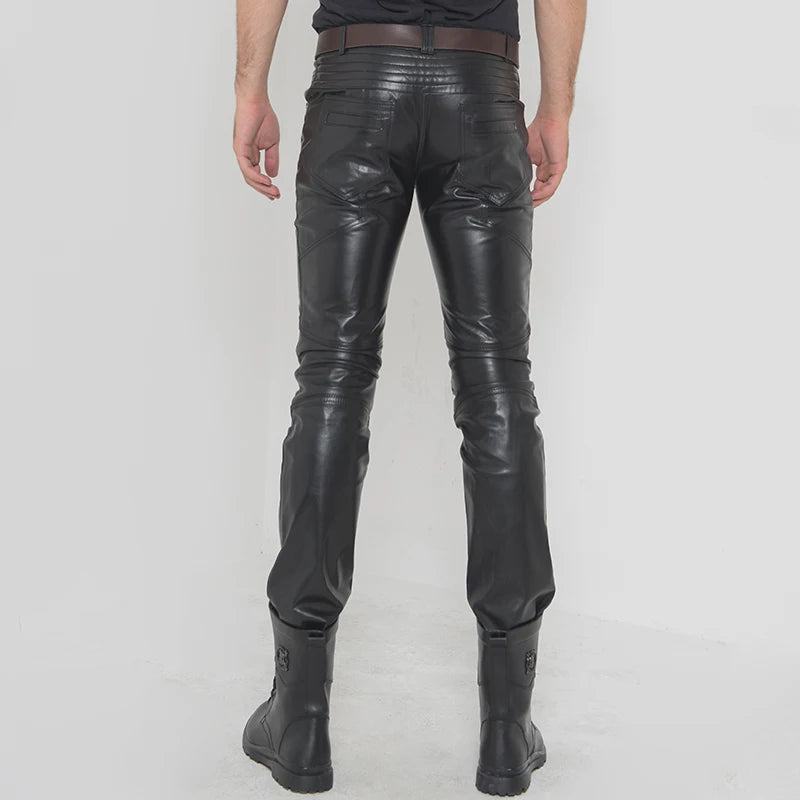 Men Windproof Motorcycle Genuine Leather Pants Casual Biker Trousers