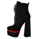 Women Round Toe Platform Lace Up High Heel  Black Ankle Boots For Winter