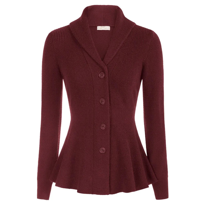 Women Vintage Cardigan Sweater Shawl Lapel Button Down Sweater Outwear Solid Coat Peplum Hem Cardigan Sweater