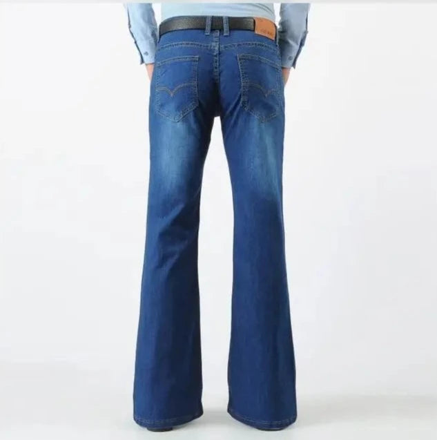 Spring Men Jeans Vintage Flare Long Denim Pants Blue Trouser Slim