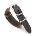 Brown leather watch strap with silver buckle on a white background, Obroi