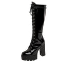 Patent Leather White Knee High Boots Lace Up Ladies Platform Boots High Heels Nightclub Party Shoes