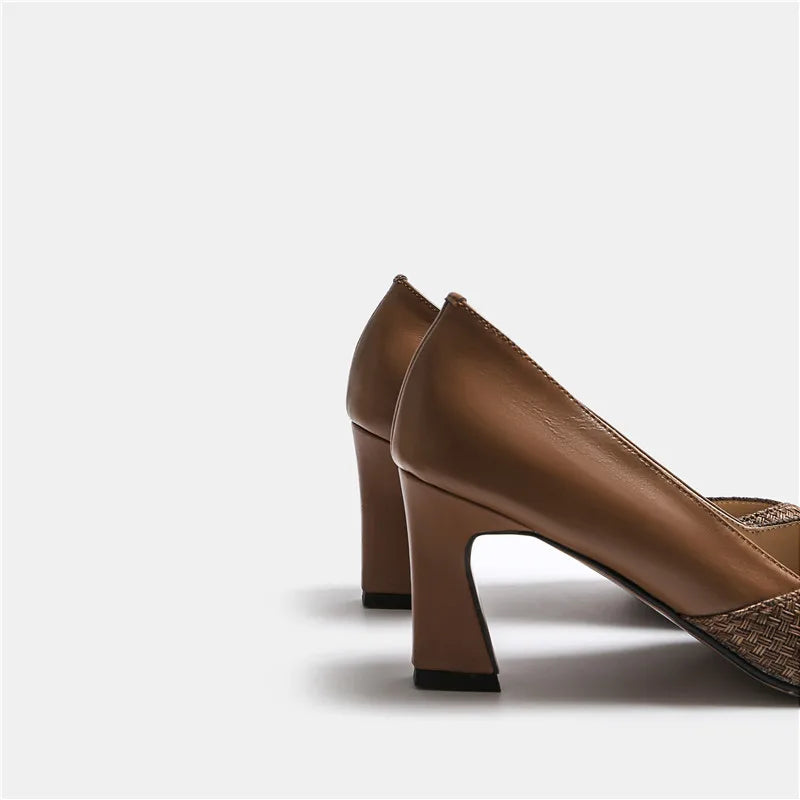 Summer Genuine Leather Women Pumps Party Wedding Shoes Thick Heels Square Toe Ladies High Heels Shoes