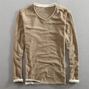 Men Long Sleeve T-shirt Cotton V-neck Solid Casual Tops Tees for Men Vintage Frayed Collar and Raw Edges Tshirt