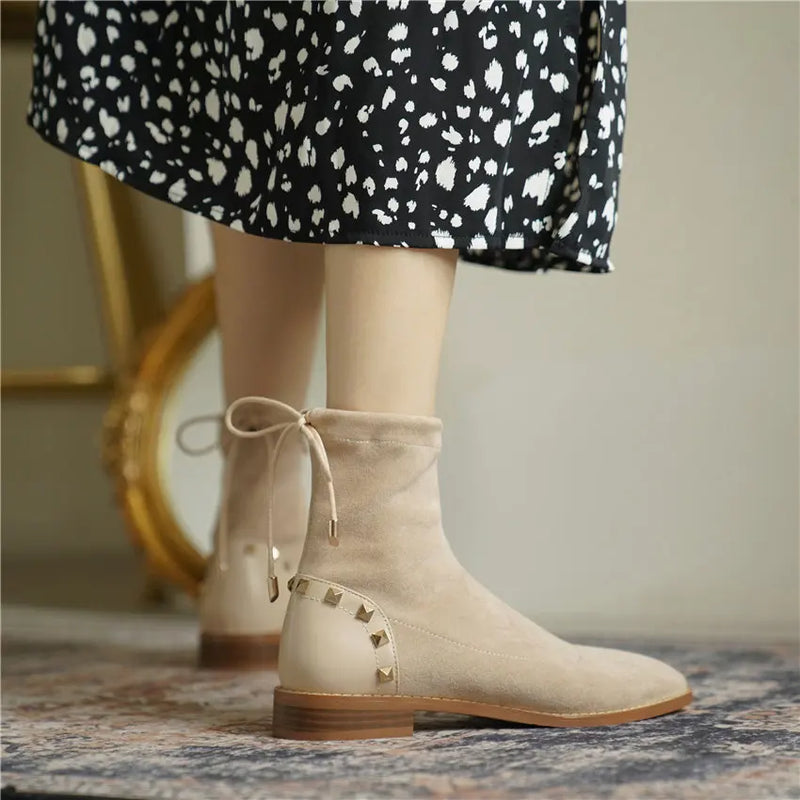 Winter Women Plush Ankle Boots Beige Stretch Casual Lady Square Toe Low Block Heel Lace Up Rivet Short Boots