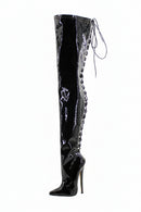 Black patent leather knee-high boot with high heel on a white background, featuring the brand 'Obroi'.