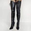Black lace-up knee-high boots on a white background, Obroi