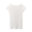 Girl Cotton Hollow Out Lace T-Shirt Ladies Slim Short Sleeve Button Tops