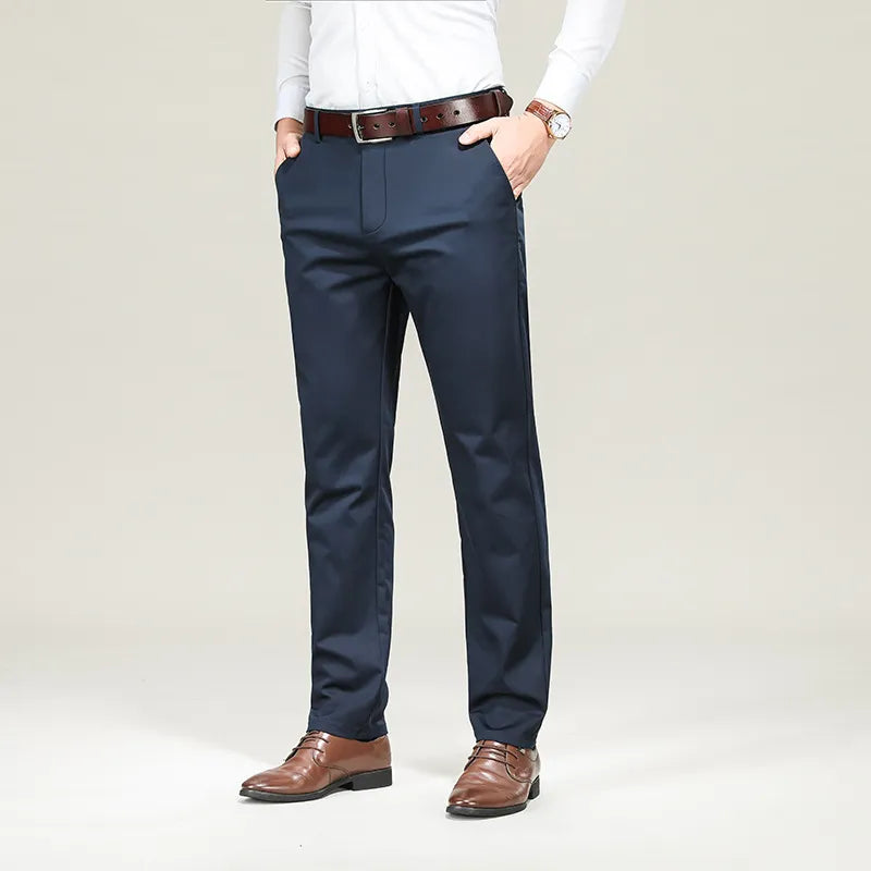 Men Pants Thin Ice Silk Wash-and-wear Elastic Formal Fit Male Drape Straight Black Suits Dress Business