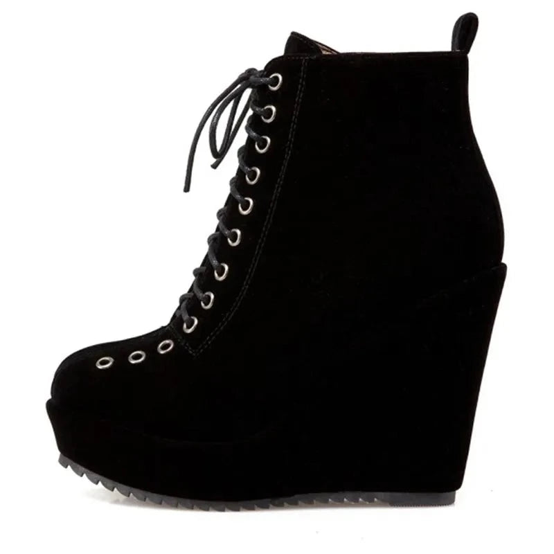 Women Ankle Boots Short Winter Shoes Wedge Heels Black Punk Female Footwear