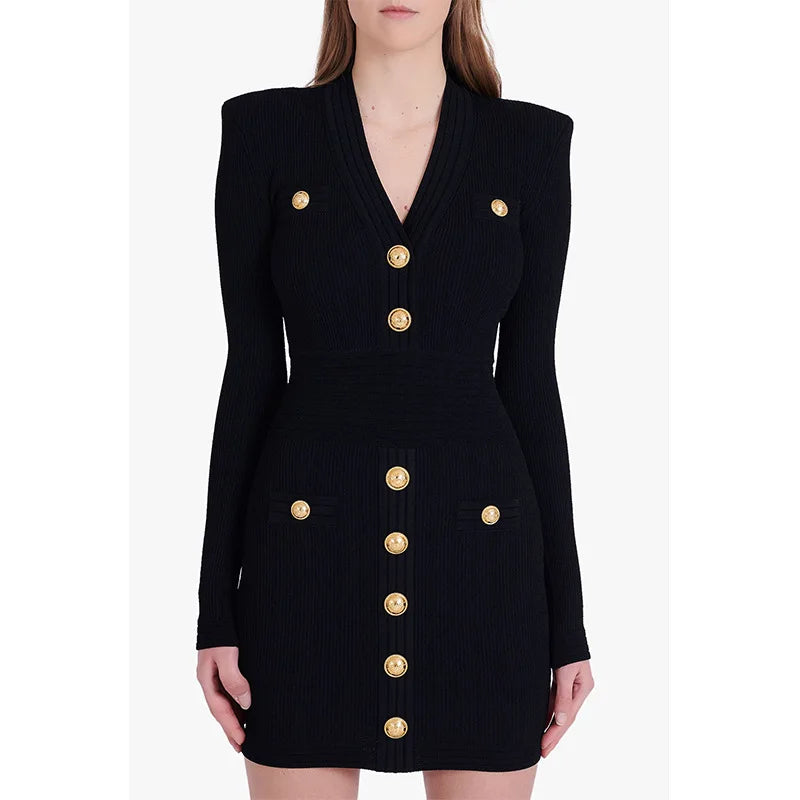 Women's Long Sleeve Sexy Deep V Neck Single Breasted Knitted Dress