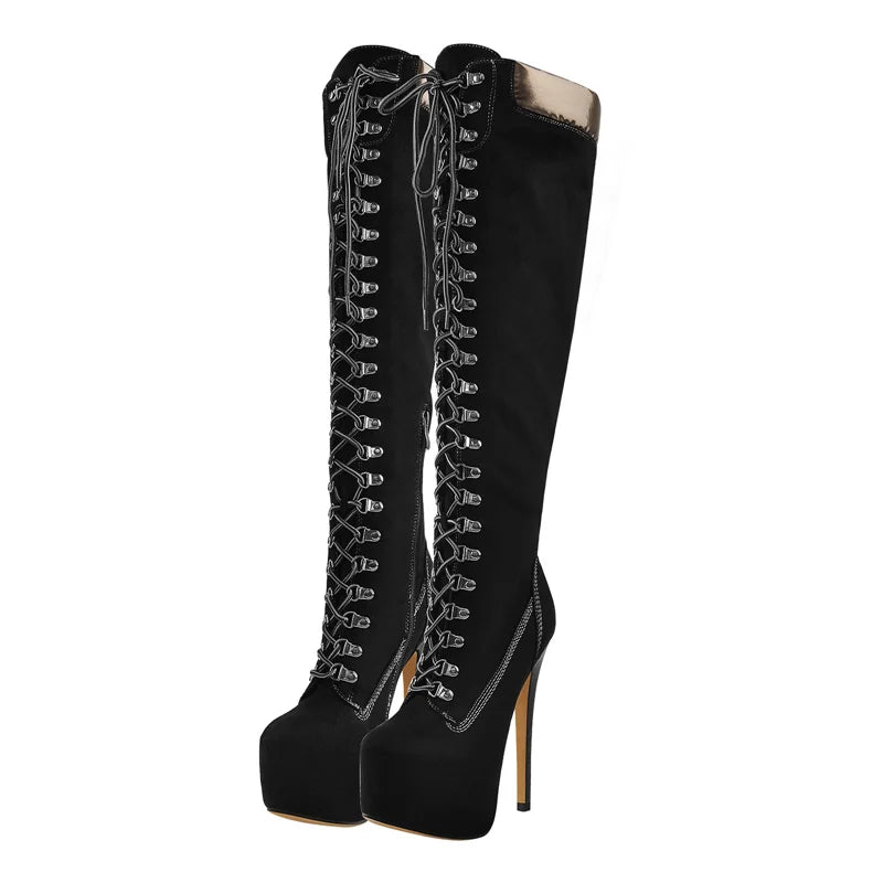 Women Platform Over The Knee High Boots Front Lace-Up Thin Heel Stiletto Stretch Cool Woman