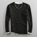 Men Long Sleeve T-shirt Cotton V-neck Solid Casual Tops Tees for Men Vintage Frayed Collar and Raw Edges Tshirt