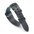 Blue leather watch strap with black hardware on a white background, Obroi