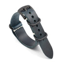 Blue leather watch strap with black hardware on a white background, Obroi