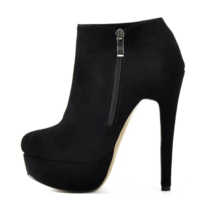 Classic High Heels Platform Boots Round Toe Black Suede Ankle Boots Women US5~US15