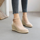 Ankle strap High Heel Pumps Women Shallow Platform Shoes Women Flax Hemp Canvas Heel