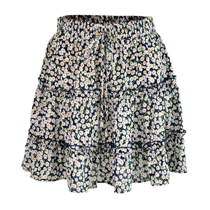 Ruffles Women Skirt Elastic Band High Waist Lace Up Female Skirt Floral Summer New Mini A-line Skirt