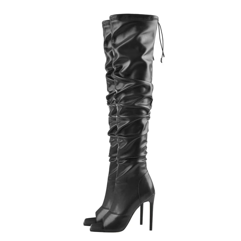 Women Peep Toe Black Matte Over The Knee Boots Concise Stiletto High Heel Zipper Boots