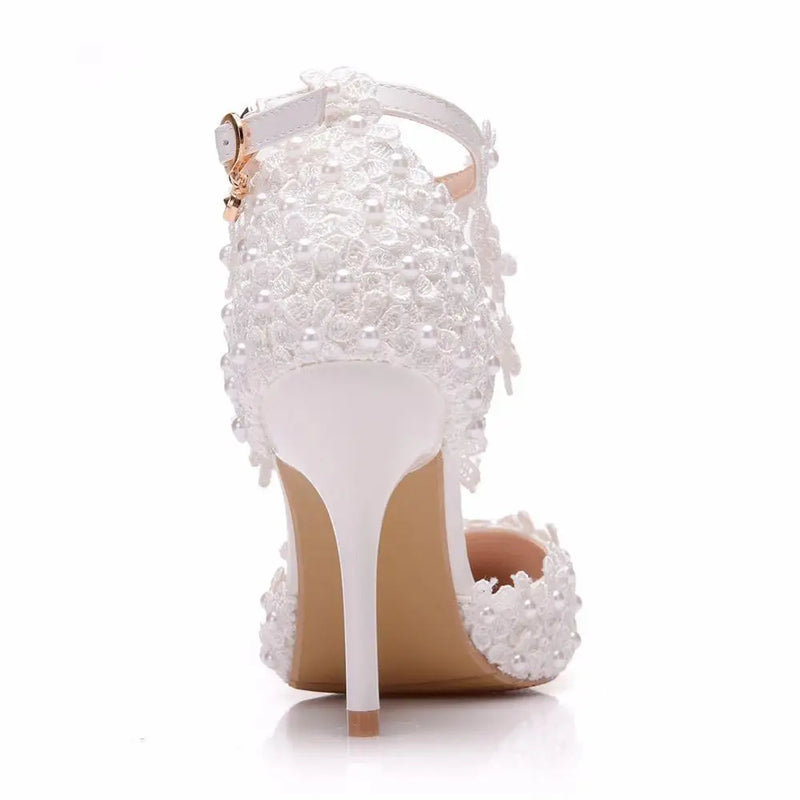 Crystal Queen Rhinestone Pointed Toe Women High Heels Flower Lace Ankle Strap Sandals Pearl Decoration Party Wedding Shoes