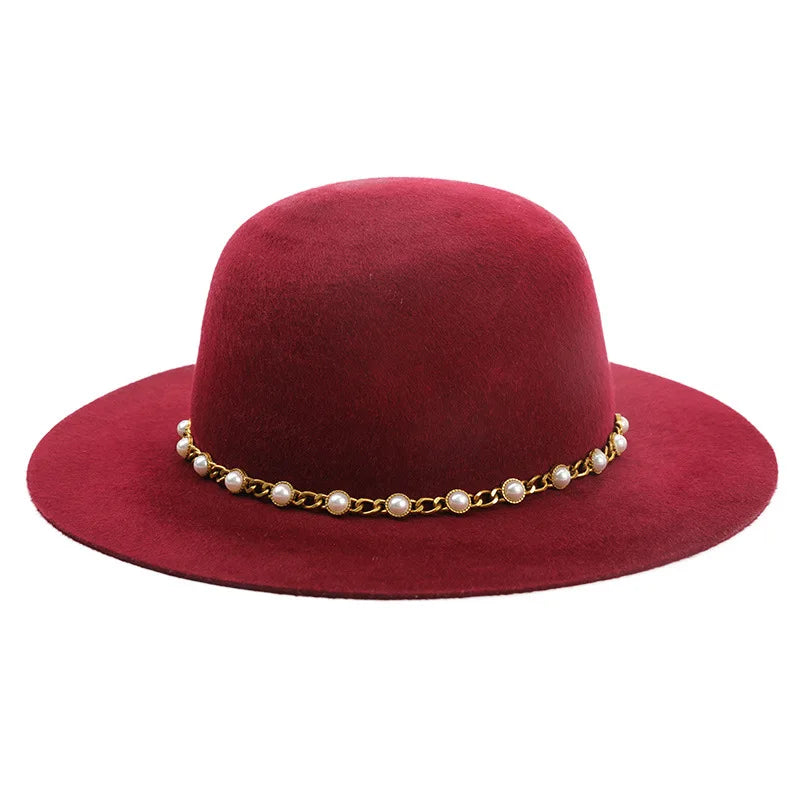 Autumn Winter Women Wool Fedoras Female Casual Pearl Chain Red Fedora Hat