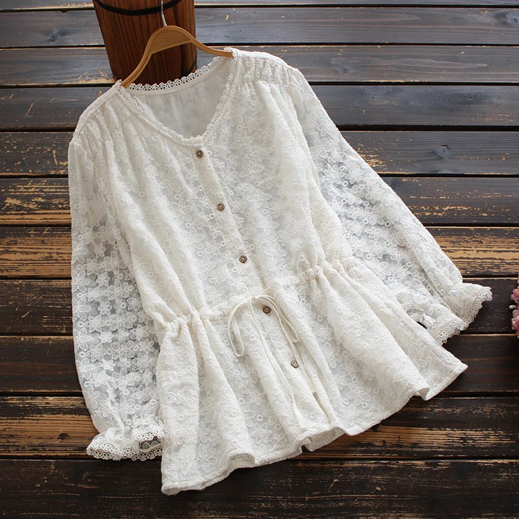 Spring Women Blouse Style Literary Solid Ruffle Sleeves Lace Shirt Women Tops