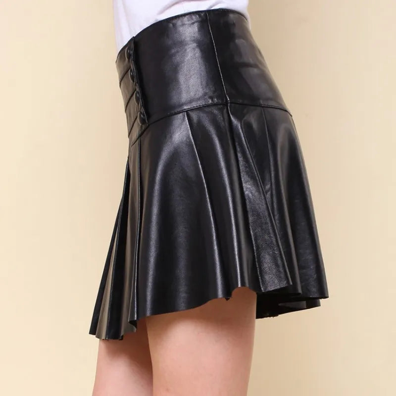 Leather Short Skirt Women Slim Fit Black Sheepskin A-Line Pleated Skirt Office Lady Mini Skirt