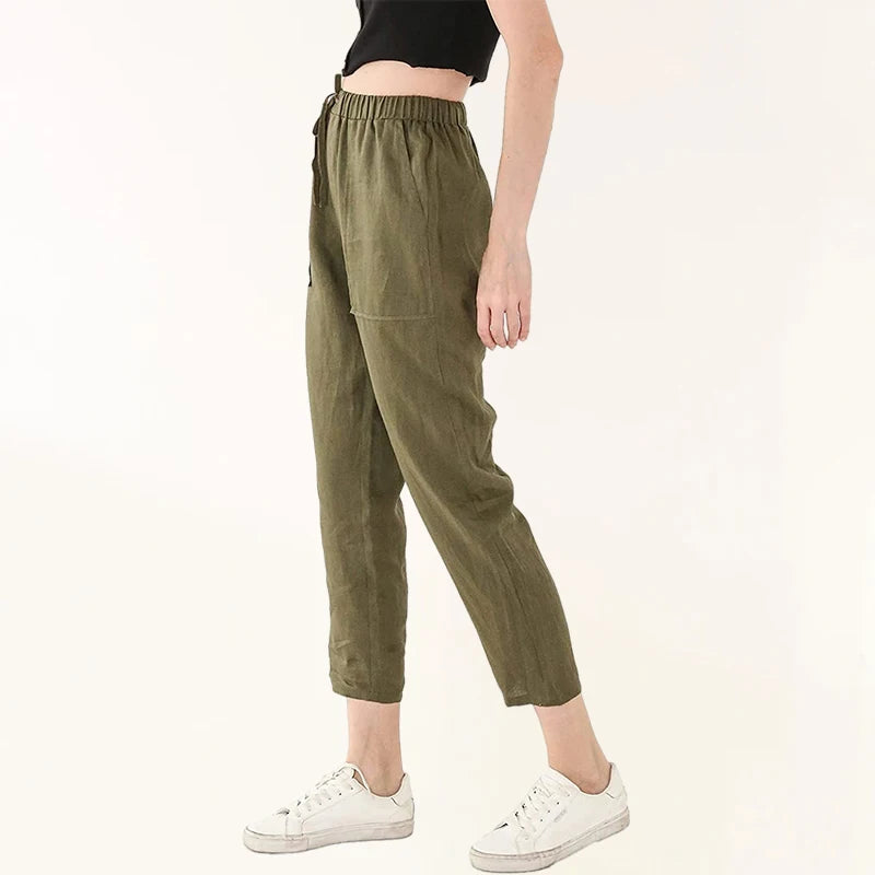 Linen Women Pants Casual Elastic High Waist Streetwear Spring Autumn Pockets Trouser Female Clothing