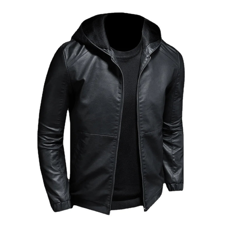 Casual Motorcycle Jacket Mens Winter Autumn Leather Jackets Male Slim Hooded Warm Outwear Fleece Clothing