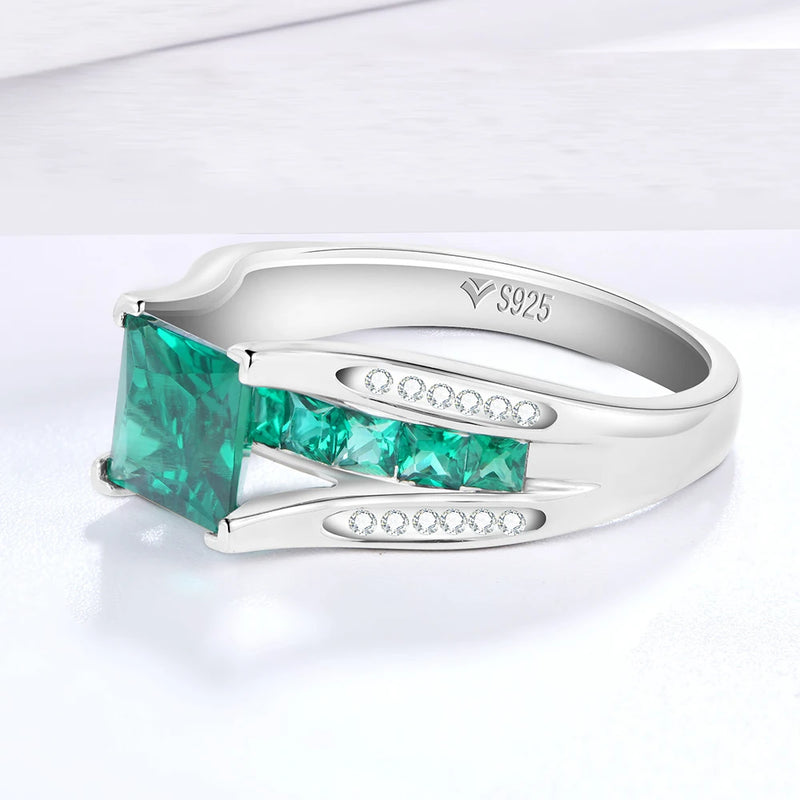 Sterling Silver Emerald Cut Emerald Created Gemstone Simple Ring For Women Fine Jewellery