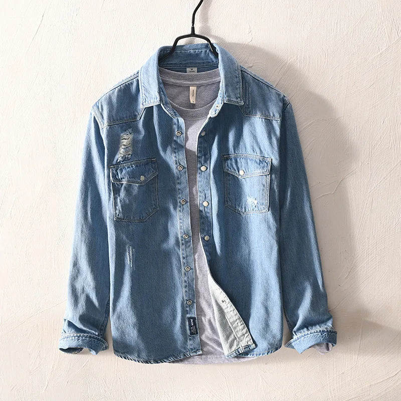 Retro Men Slim Fitted Denim Shirts Comfortable Pure Cotton Jeans Shirt Cowboy Clothes